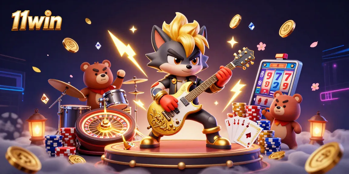 Engage with exhilarating 11win casino experiences as the rock star wolf shreds on stage amid glorious treasure.