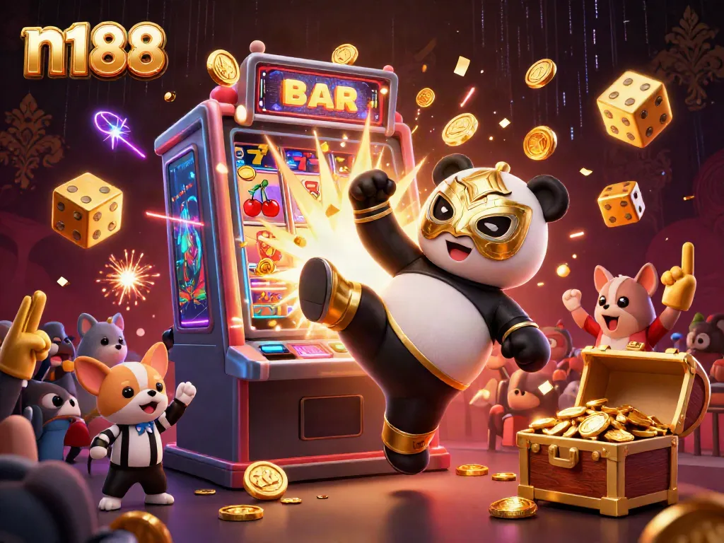 Experience the thrilling action of n188 with a vibrant 3D scene featuring a panda wrestler kicking and a chihuahua referee.