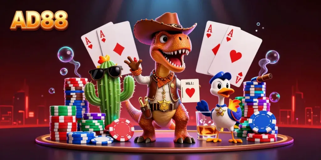 Engage with the vibrant world of AD88 through a detailed 3D casino scene featuring dynamic characters amidst poker action.