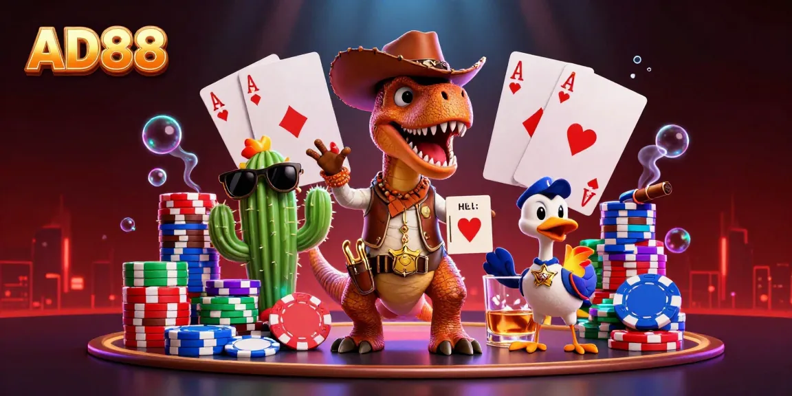 Engage with the vibrant world of AD88 through a detailed 3D casino scene featuring dynamic characters amidst poker action.