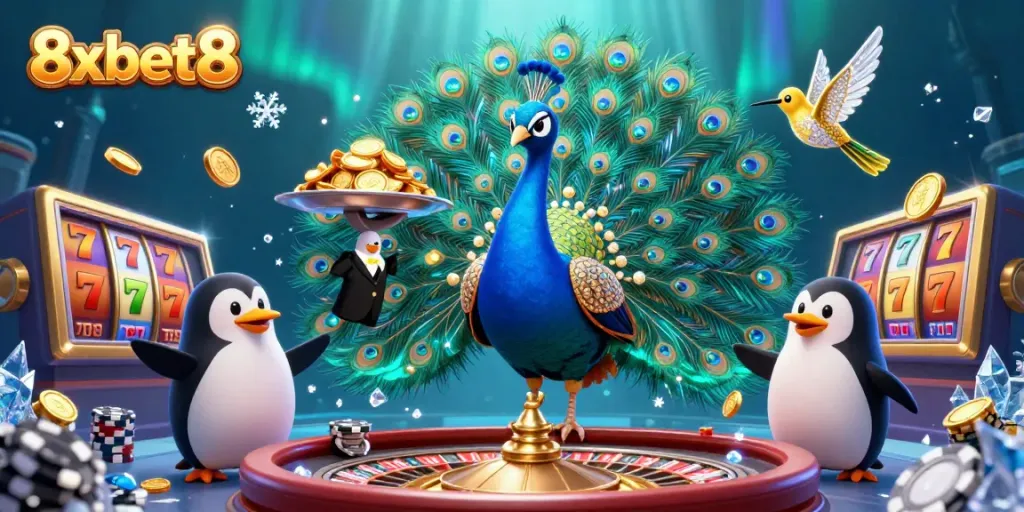 Engage with 8xbet8 where a colorful peacock, butler penguin, and a hummingbird create a vibrant casino scene filled with slots and jackpots.