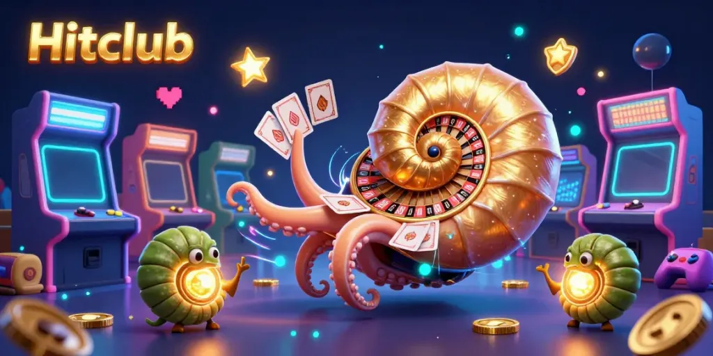 Hitclub showcases a dynamic scene with a giant nautilus, glowing ammonites, and vibrant casino elements.