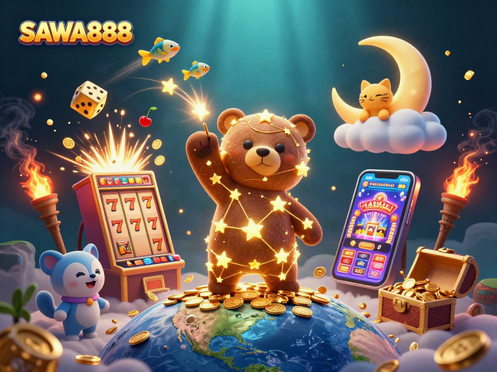 Engage in thrilling gameplay with SAWA888's vibrant casino-themed illustration showcasing dynamic elements and characters.