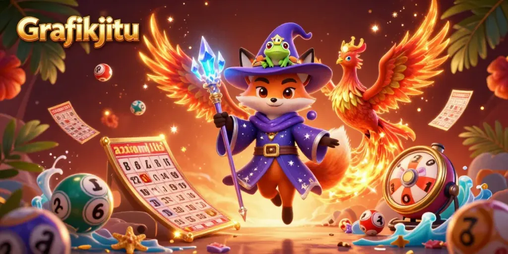 Experience dynamic lottery excitement with Grafikjitu's whimsical 3D illustration featuring a wizard fox, phoenix, and gameplay elements.