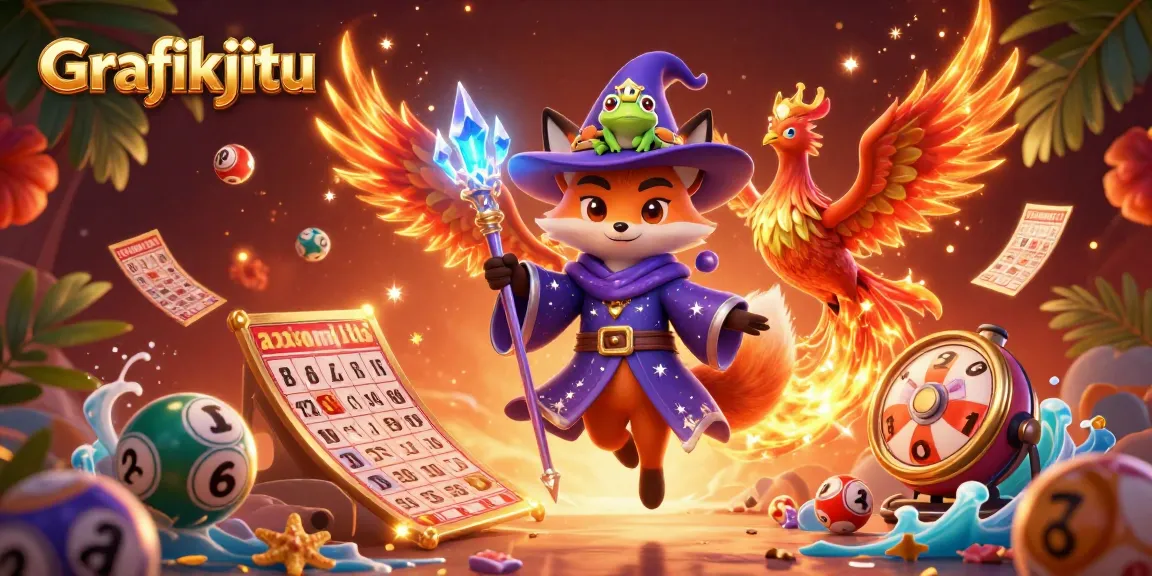 Experience dynamic lottery excitement with Grafikjitu's whimsical 3D illustration featuring a wizard fox, phoenix, and gameplay elements.