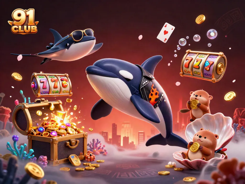 91 CLUB scene with vibrant cartoon characters celebrating gaming victories, featuring orca, stingray, and sea otters.