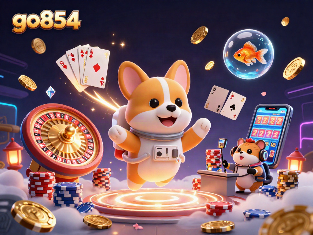 Experience the thrill of go854 in a captivating casino scene with floating characters and vibrant gambling elements.