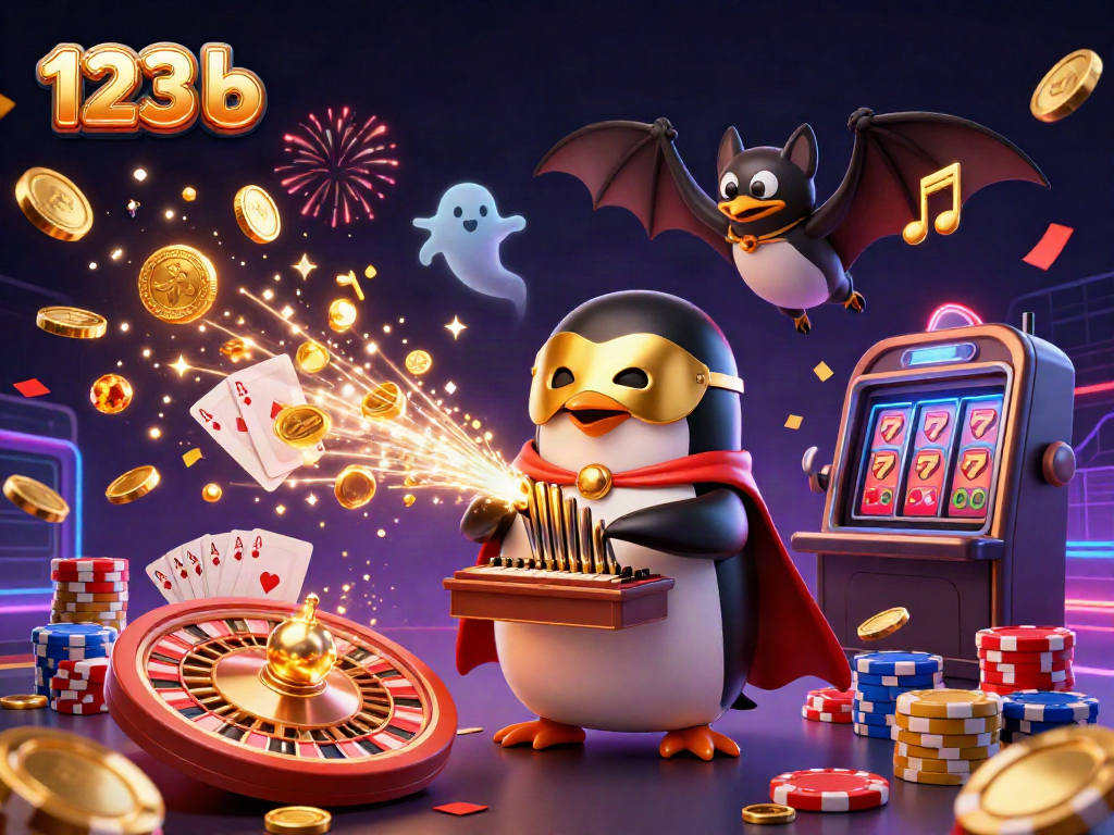 Experience thrilling wins at 123 b with a vibrant 3D casino scene featuring a penguin and colorful gaming elements.