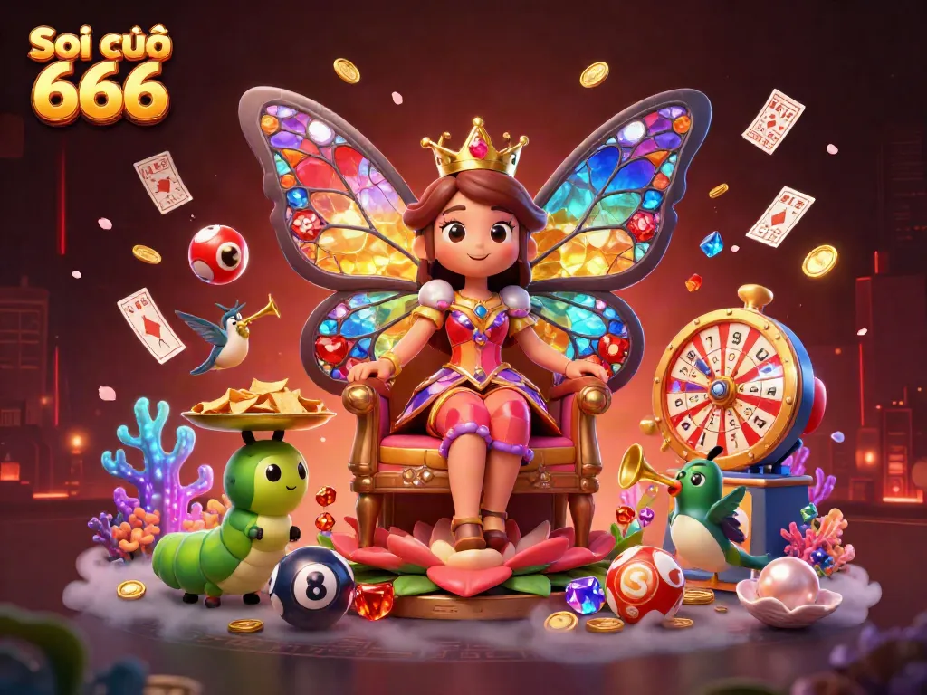 Soi cầu 666 features a vibrant 3D lottery scene with a butterfly queen, colorful gems, and dynamic gaming elements.