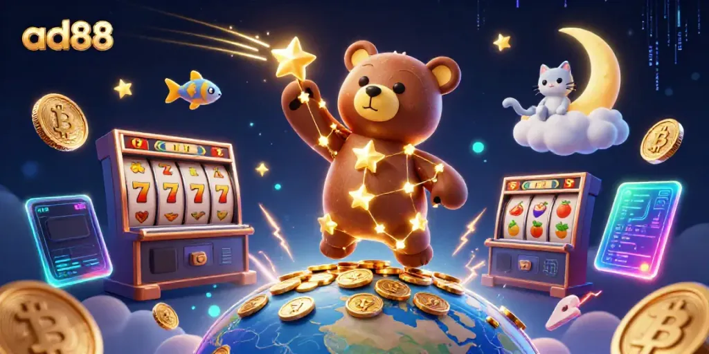 Experience engaging gaming action with ad88 at this vibrant casino-themed 3D scene.
