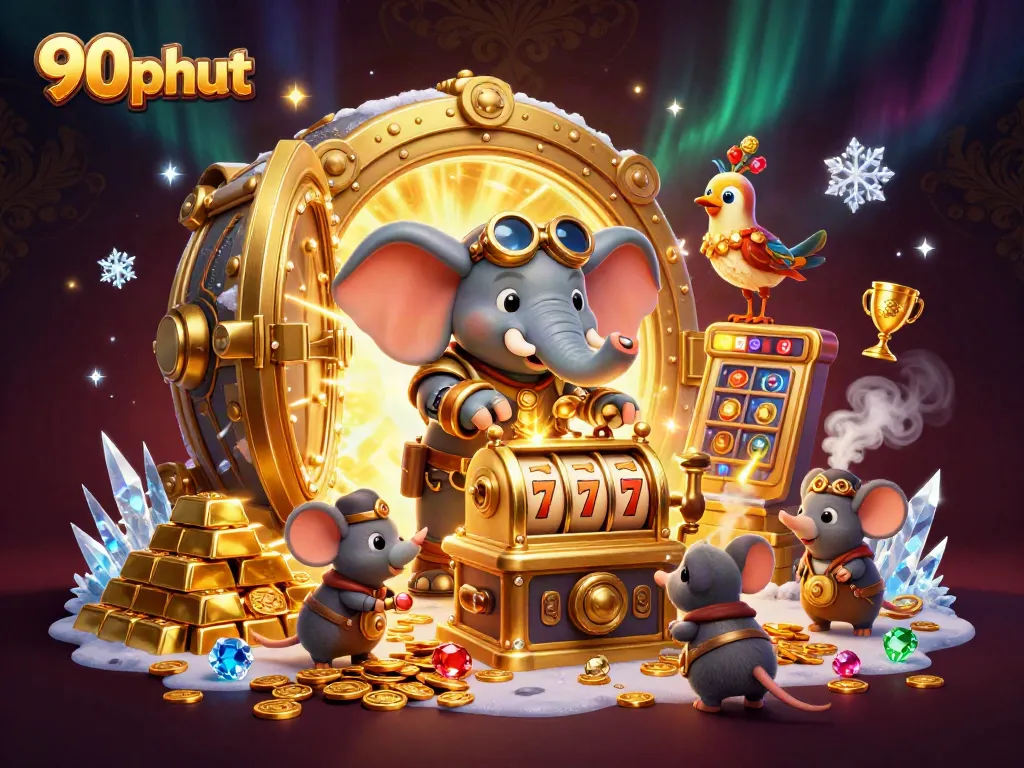 Play big on 90phut slot machines with 3D cartoon characters amidst a treasure vault.