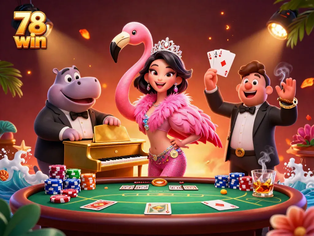 Engage with the vibrant atmosphere of 78 win, featuring a lively casino scene with characters and poker elements.