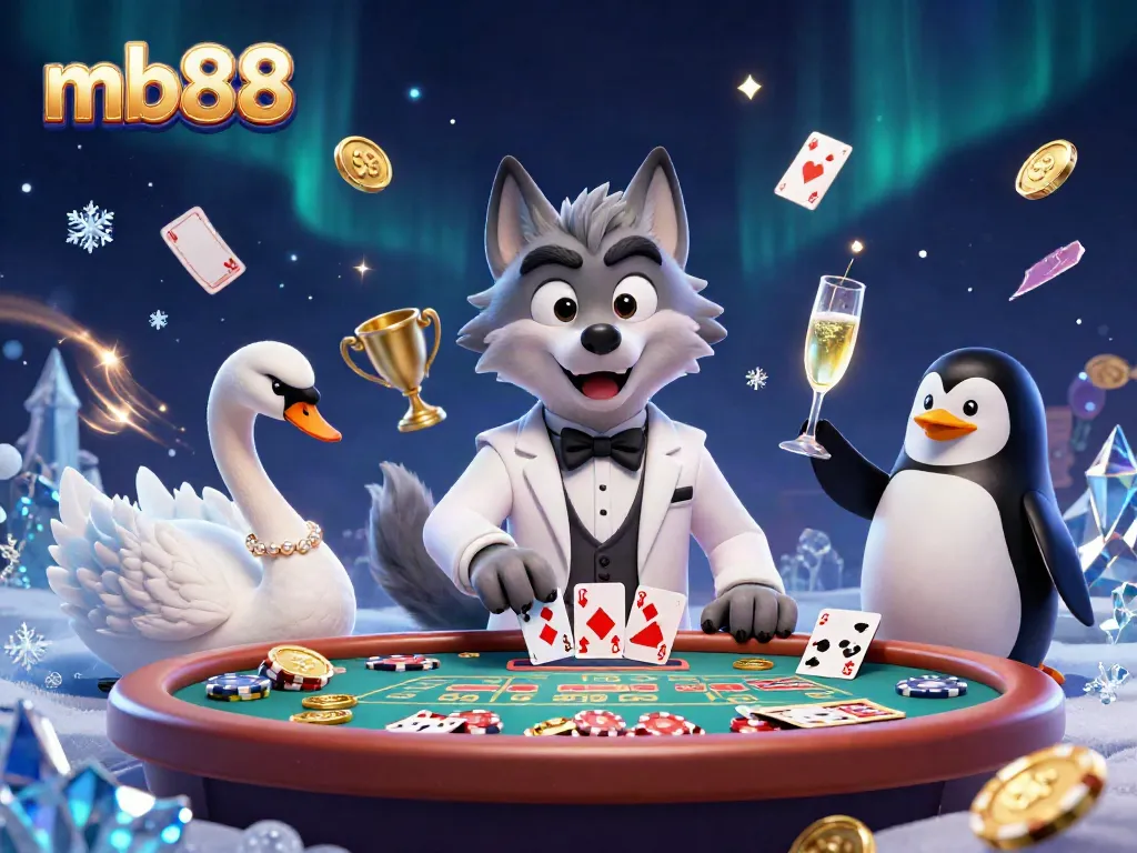 Experience thrilling baccarat at mb88 with a debonair wolf, elegant swan, and sophisticated penguin in a vibrant casino.