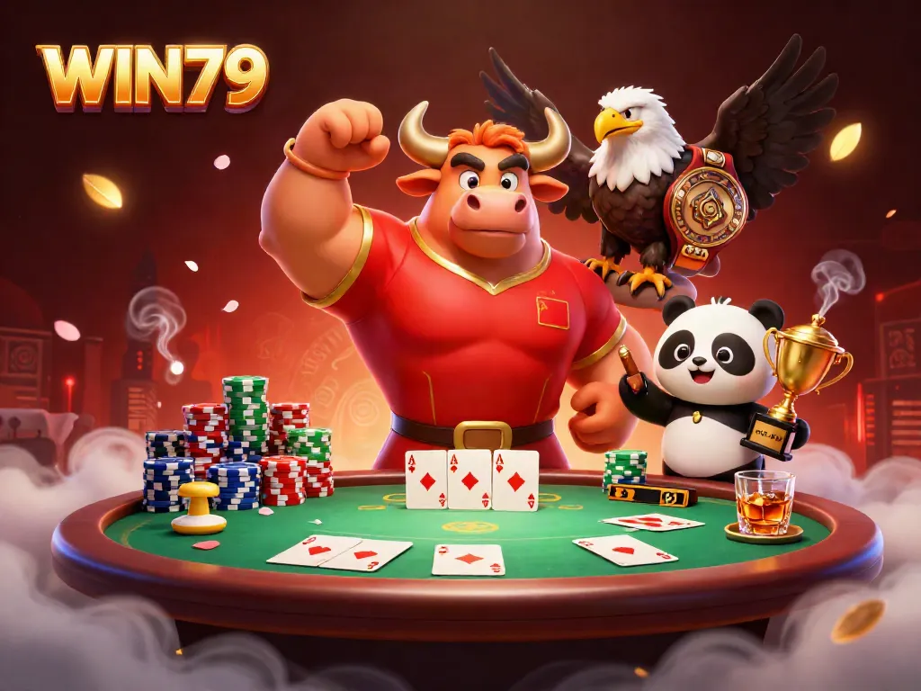 WIN79 celebrates triumph with a bull mascot, eagle, and panda in a vibrant casino scene.