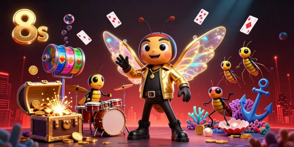 Experience the excitement of 8s with a vibrant 3D casino scene showcasing characters and gaming elements.