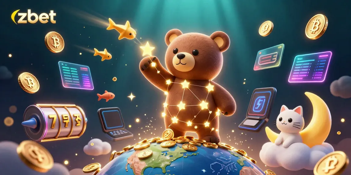 Experience top-notch gaming at zbet with vibrant 3D characters, slot games, and crypto coins illuminated in a stunning illustration.