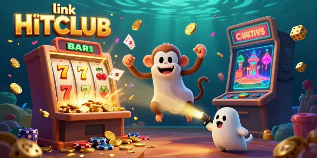 Engage with the exciting scene of link HITCLUB as a playful monkey juggles golden casino treasures.