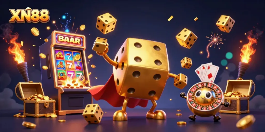 Experience the vibrant action of XN88 with golden dice, slot machines, and casino game elements.