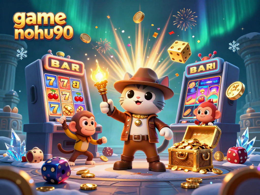 Experience the excitement of game nohu90 with vibrant characters discovering treasures and casino elements.