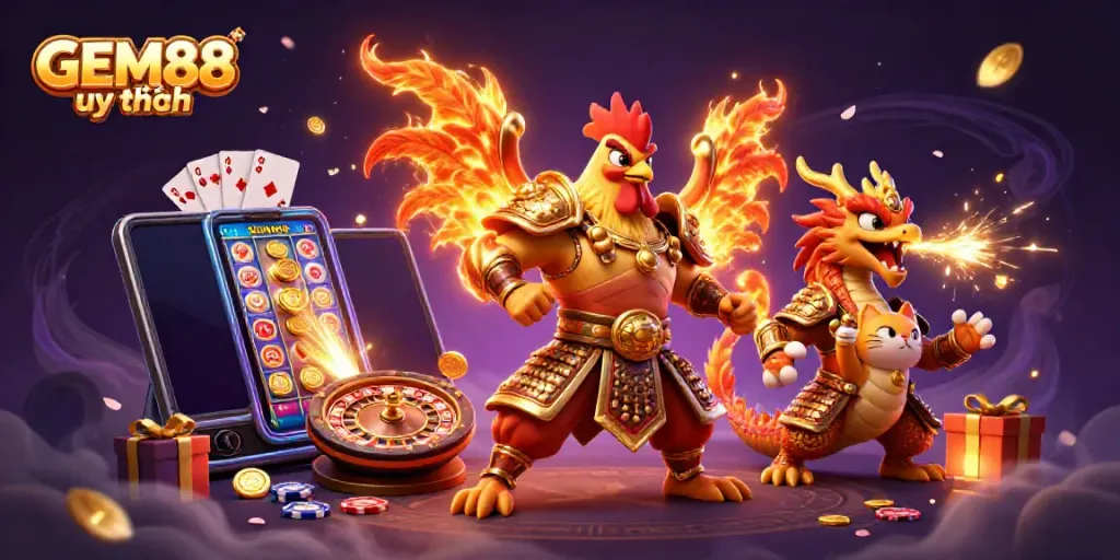 Engage with the vibrant GEM88 uy tín gaming universe featuring action-packed characters and dynamic casino elements.