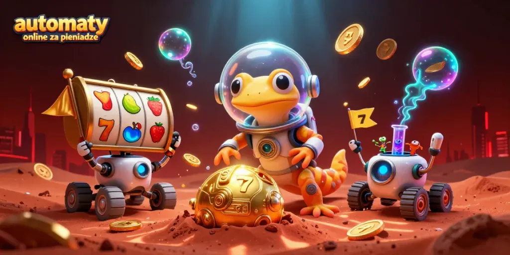 Experience automaty online za pieniadze with a Martian gecko exploring a golden casino in a vibrant 3D scene.