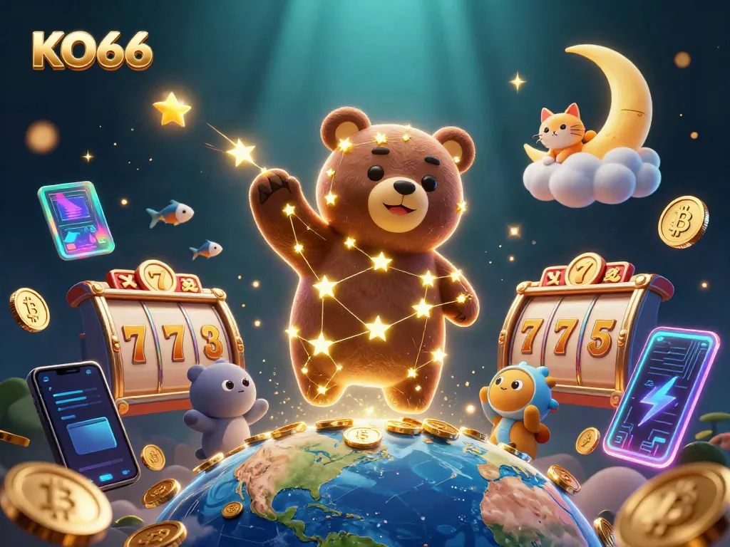Join the excitement at KO66 as the constellation bear scoops up coins amidst vibrant slot reels and cryptocurrencies, creating a magical casino experience.