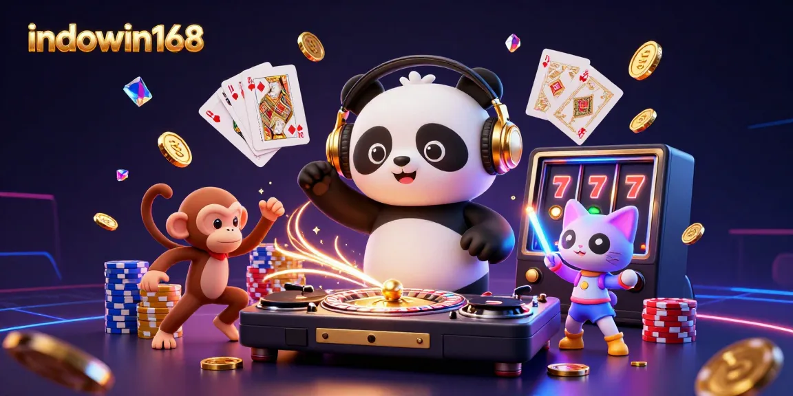 Dengan indowin168, DJ panda memutar di roda roulette dengan banyak koin emas berkilau.