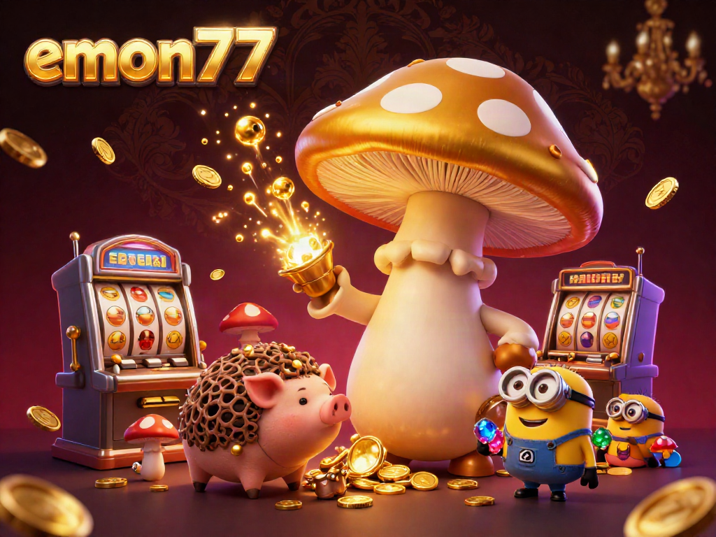 Engage with emon77's vibrant casino experience featuring a golden wizard and treasure in a dynamic 3D illustration.