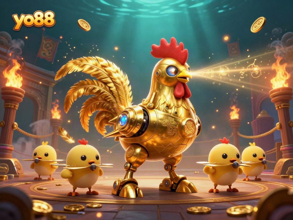 Experience thrill with yo88's golden rooster battling in a dynamic casino-themed scene full of excitement.