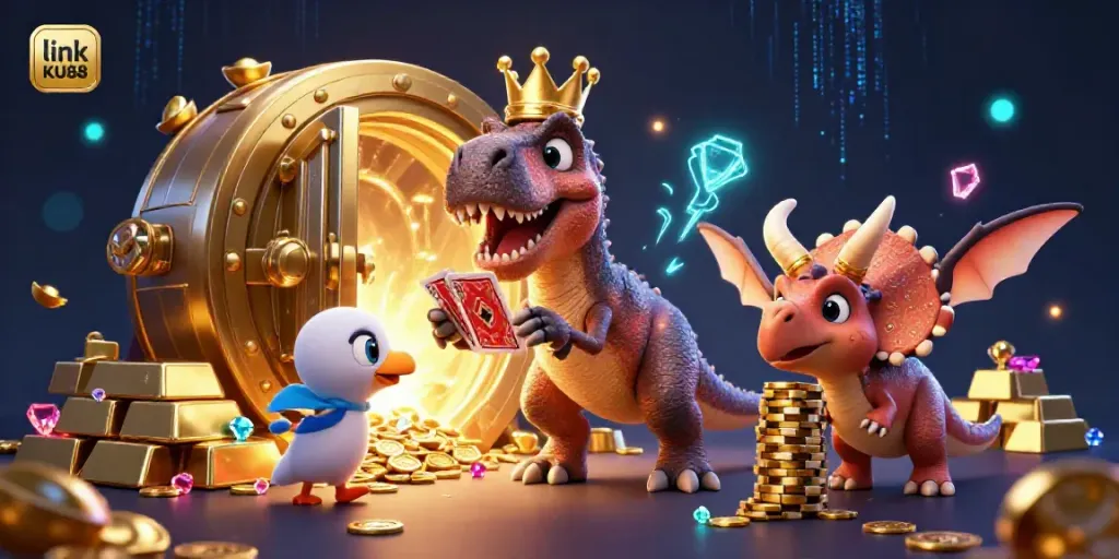 Engage with link KU88 as a friendly T-Rex plays cards while a triceratops stacks golden chips in a vibrant casino scene.