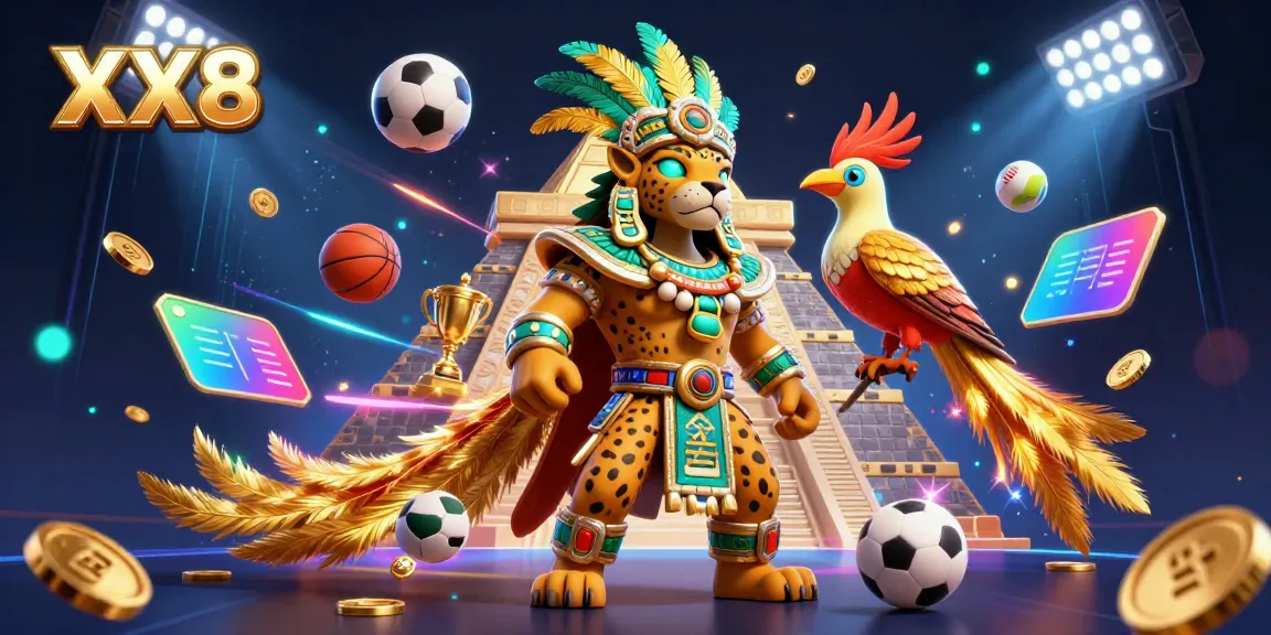 Experience thrilling gameplay with XX8's vibrant illustration of a Mayan priest and sports elements.