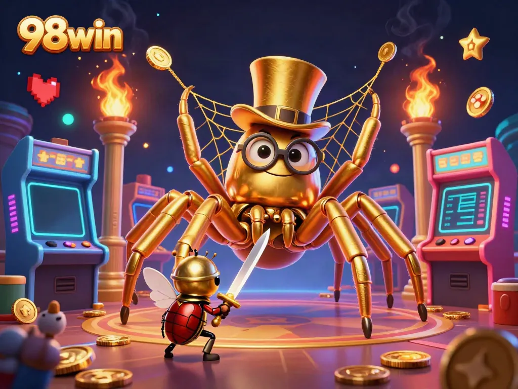 Witness 98win's exciting casino scene with a giant tarantula weaving golden threads amidst gaming elements.