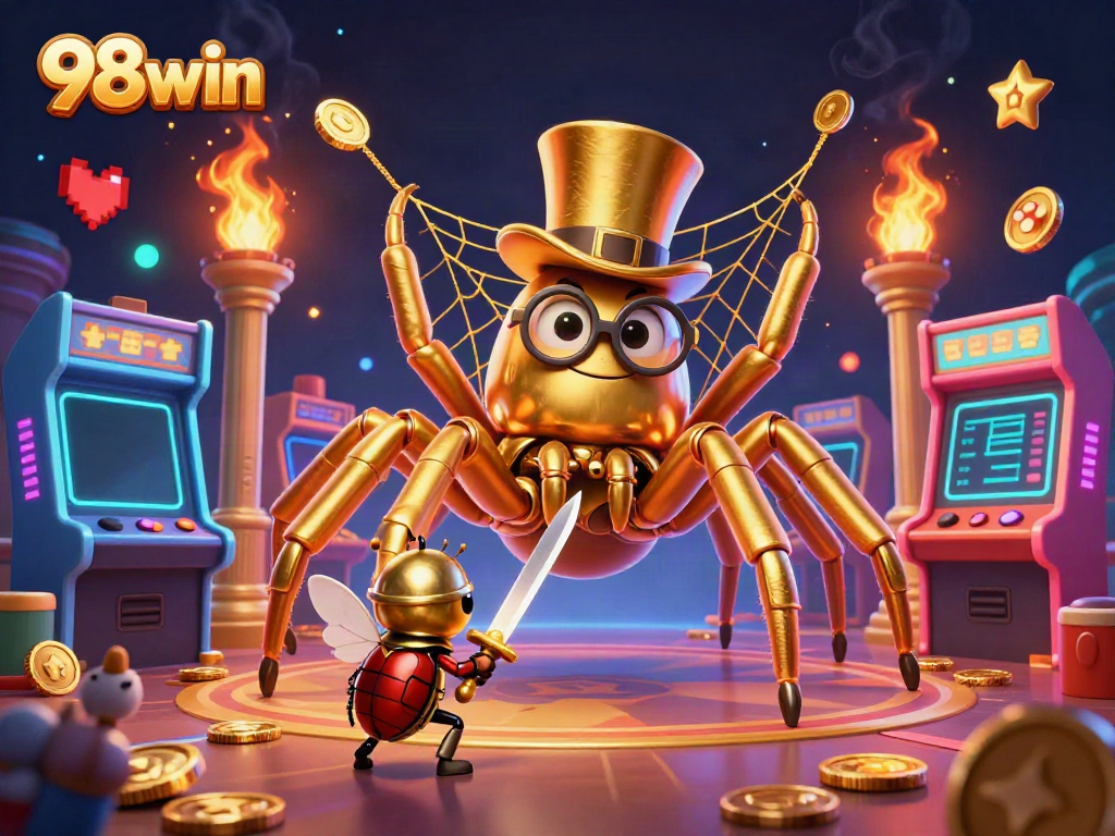 Witness 98win's exciting casino scene with a giant tarantula weaving golden threads amidst gaming elements.