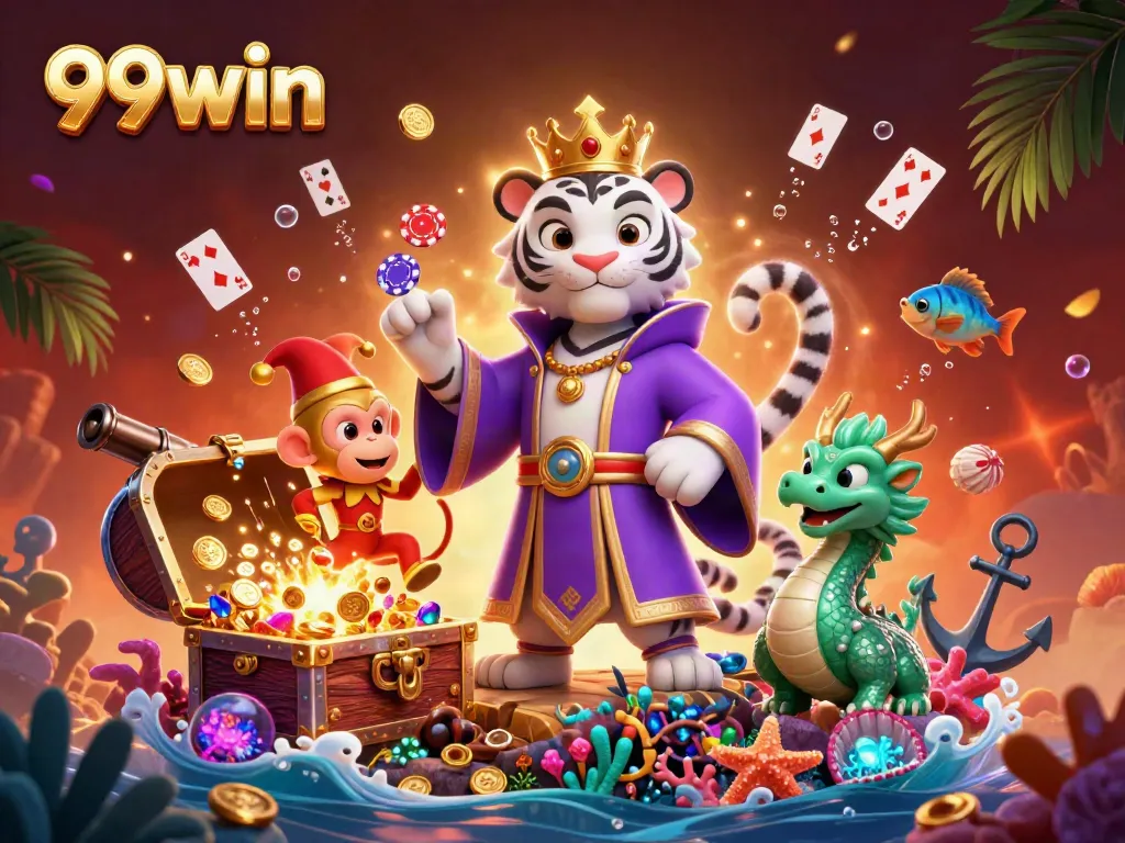 Experience 99win with a playful scene of a cartoon tiger and monkey amidst casino treasures.