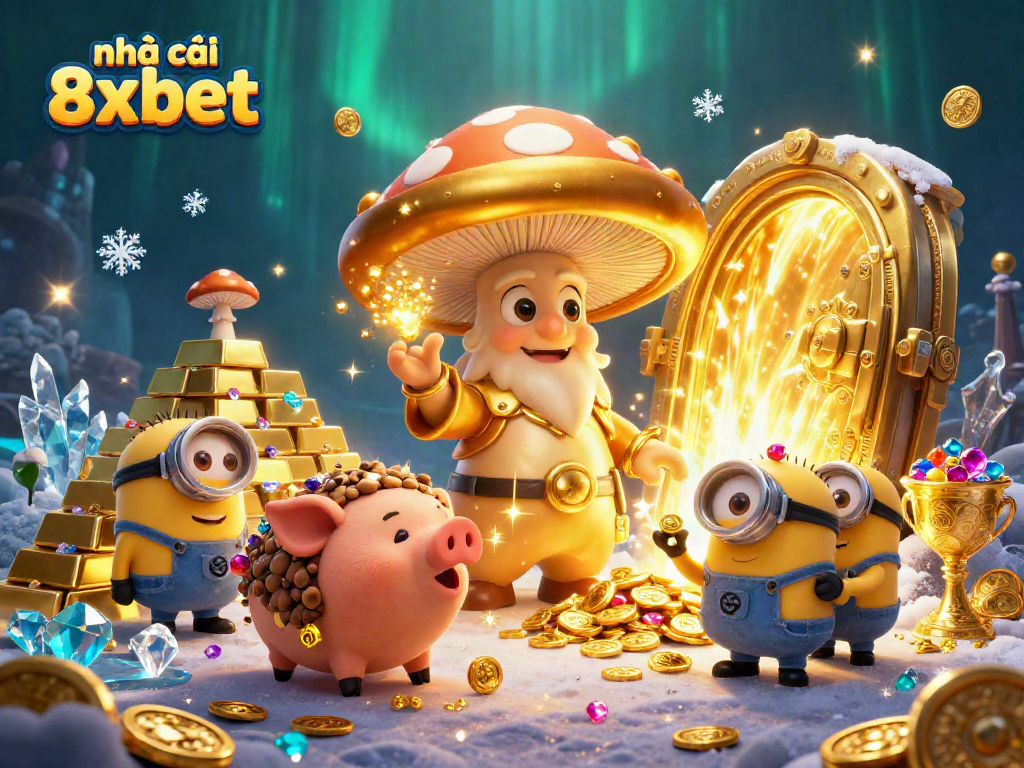nhà cái 8xbet showcases a vibrant scene with a golden mushroom wizard channeling treasure magic.