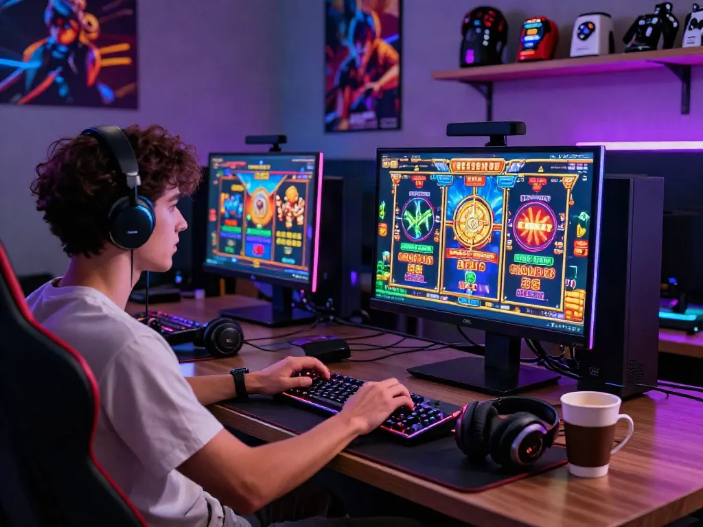 Engaging scene of a player immersed in slot88 games on a vibrant gaming setup.