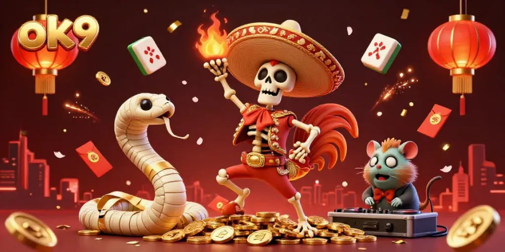 The ok9 illustration showcases a festive 3D casino scene featuring a mariachi rooster, a mummy snake, and a zombie DJ surrounded by golden coins and vibrant gambling elements.