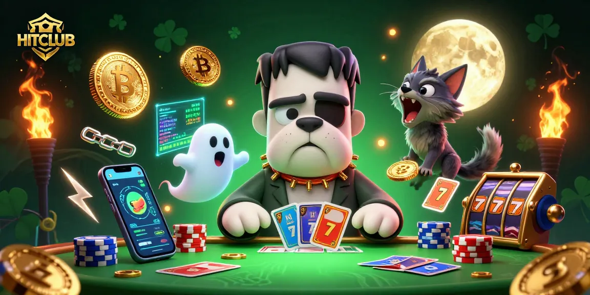 Engage with the HITCLUB casino spirit as the Frankenstein bulldog deals cards amidst virtual winnings.