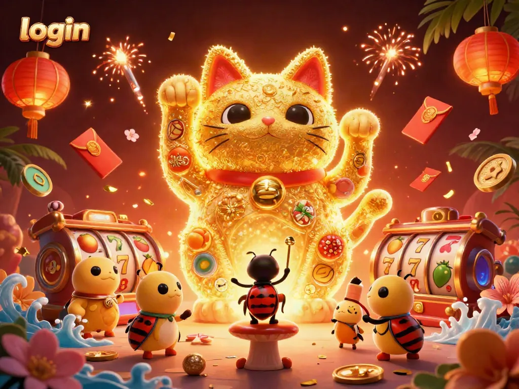 Play at login jambitoto with a vibrant lucky cat character and glowing casino elements surrounding it.