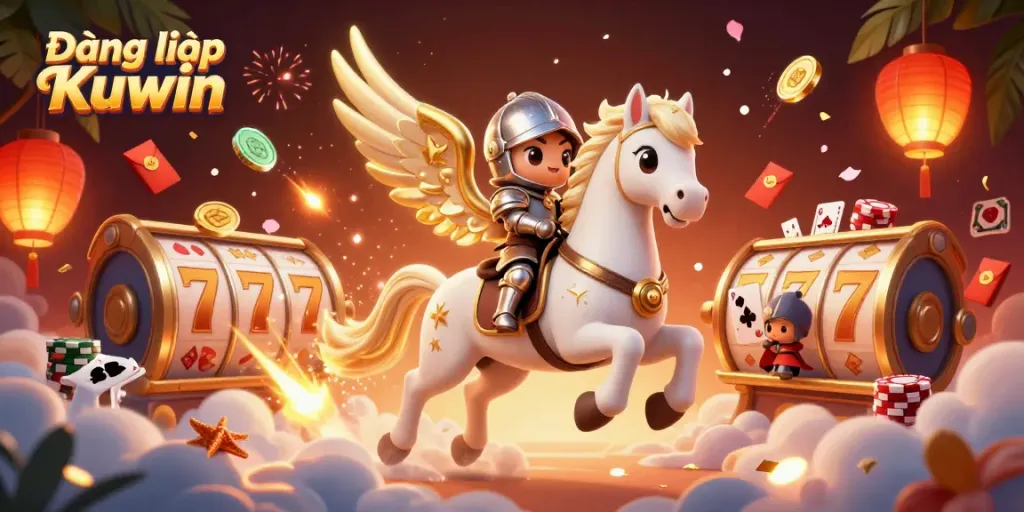 Experience thrilling gaming with Đăng nhập Kuwin in this dynamic casino scene featuring a celestial knight.