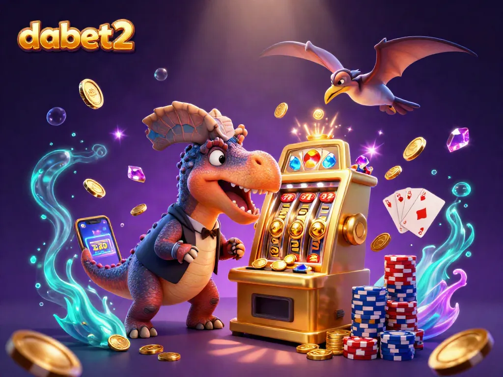 dabet2 slots extravaganza with dinosaurs celebrating jackpot payouts in a vibrant casino atmosphere