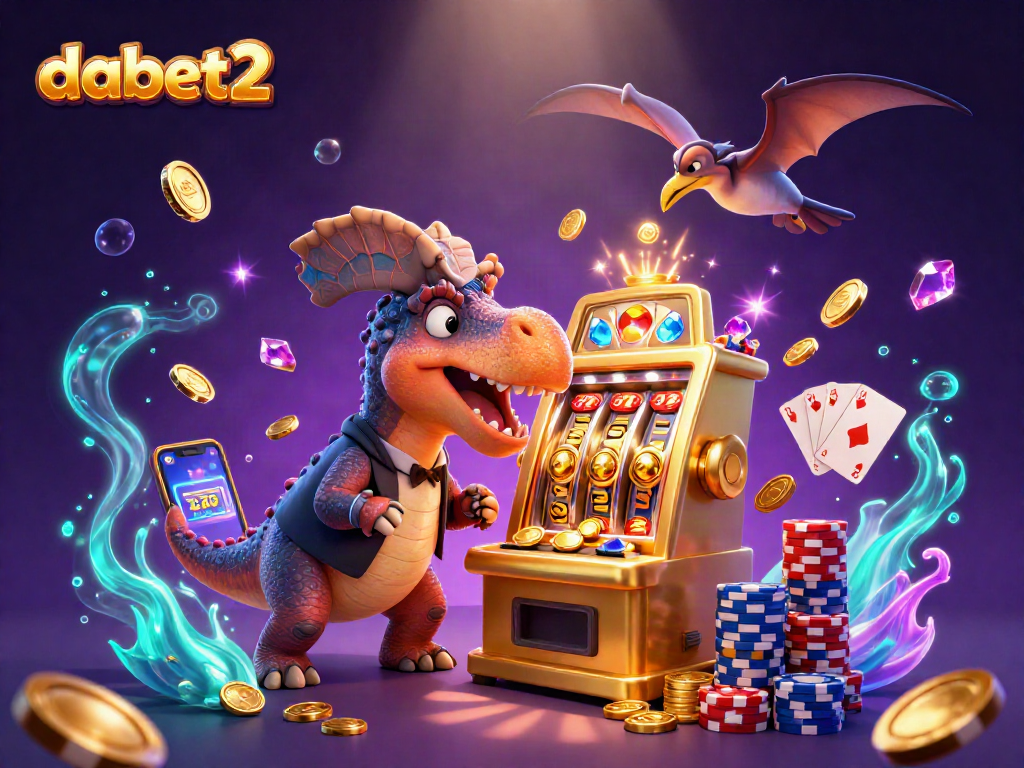 dabet2 slots extravaganza with dinosaurs celebrating jackpot payouts in a vibrant casino atmosphere