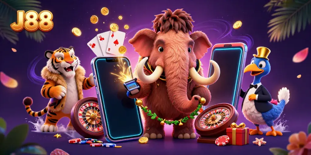 Join the vibrant J88 casino scene with a mammoth bouncer, saber-tooth VIP, and dodo doorman.