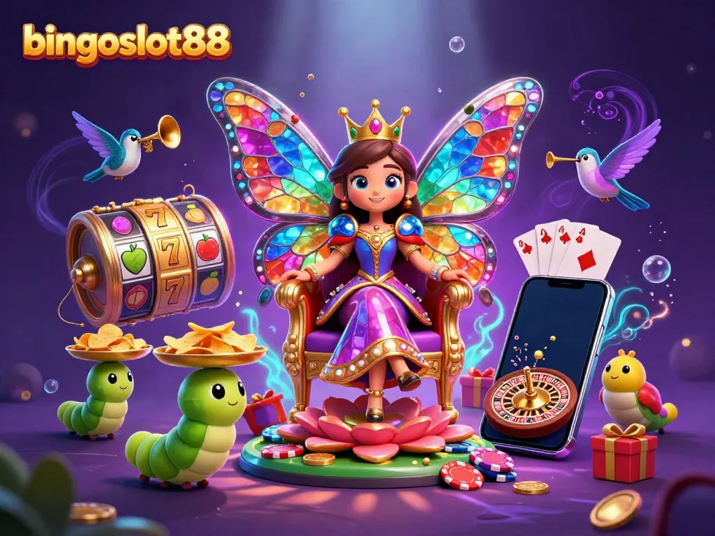 Bermain di bingoslot88, ratu kupu-kupu dengan sayap stained-glass dikelilingi elemen slot, koin emas, dan cahaya magis.