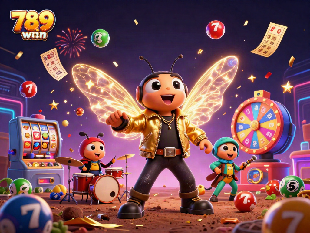 Engage with vibrant games at 789win com while enjoying a lively illustration of characters amidst lottery symbols.