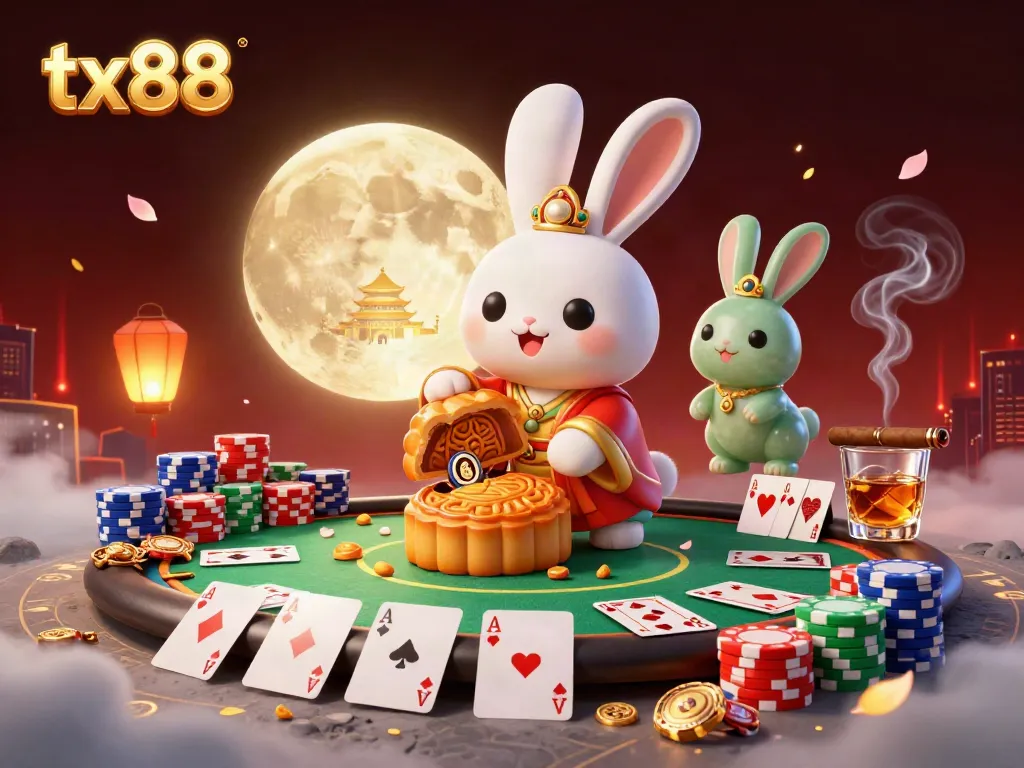Experience excitement with tx88, a dynamic casino scene featuring a moon rabbit with poker chips.