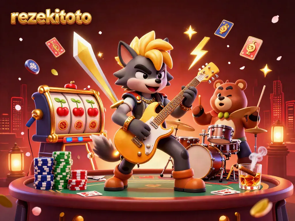 Experience the thrill of rezekitoto with a cartoon rock star wolf and drummer bear on stage amid dynamic casino elements.