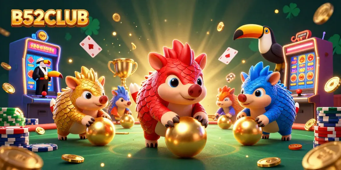 B52CLUB game scene with rival pangolins in exciting casino atmosphere, showcasing slots and golden jackpots
