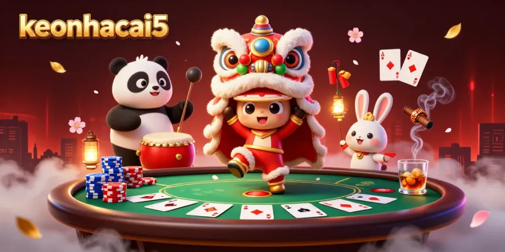 Join the fun at keonhacai5 with an exciting lion dance, poker chips, and vibrant casino spirit.