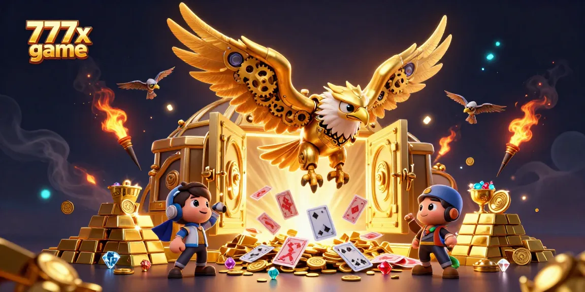 Dive into the exciting world of 777x game with a vibrant illustration showcasing a cybernetic eagle amidst holographic cards.